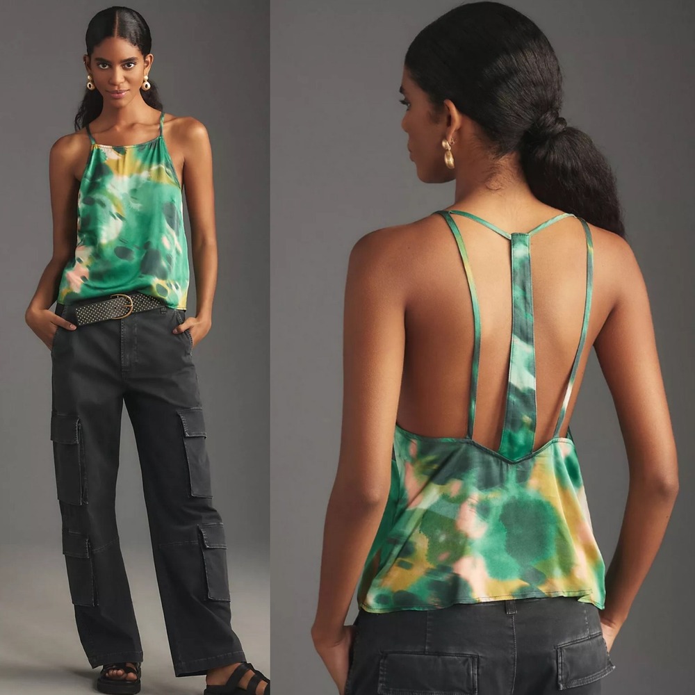 Anthropologie Womens Tank M Green Silky Sleek Sleeveless Abstract Strappy Tropic